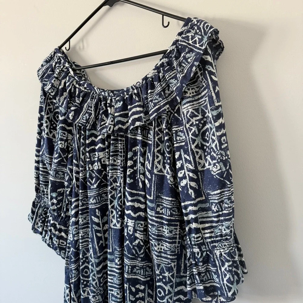 Hilo Hattie Vintage Made‎ in Hawaii Muumuu Dress Blue Tribal Ruffle Midi L NICE